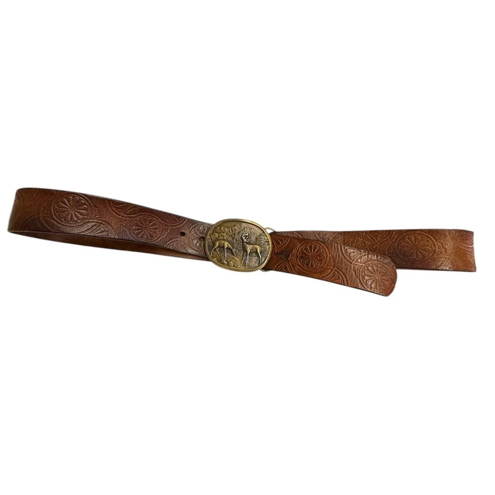 Vintage Indiana Metal Craft Buckle Belt Brown Floral Embossed Leather Deer 32 - Picture 5 of 9